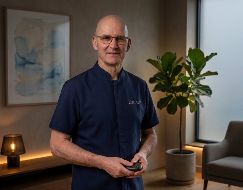 Didier, praticien Escale, dans un intérieur chaleureux, une pierre de massage à la main
